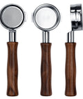 58mm Bottomless Portafilter For Breville Dual Boiler Espresso Machines With An 18 Gram Basket And Solid American Walnut Handle, showing three angles.