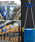 Heavy Duty One Ton Drum Lifter Clamp With G80 Chains For Steel And Plastic Barrels hanging with forklift forks and crane hook.