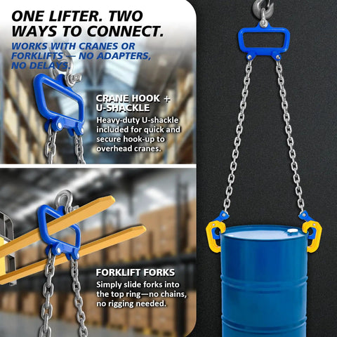 Heavy Duty One Ton Drum Lifter Clamp With G80 Chains For Steel And Plastic Barrels hanging with forklift forks and crane hook.