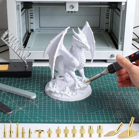 Dope All-In-One 21 In 1 3D Printer Smoothing And Finishing Tool Kit With 80W LED Soldering Iron being used on a dragon model