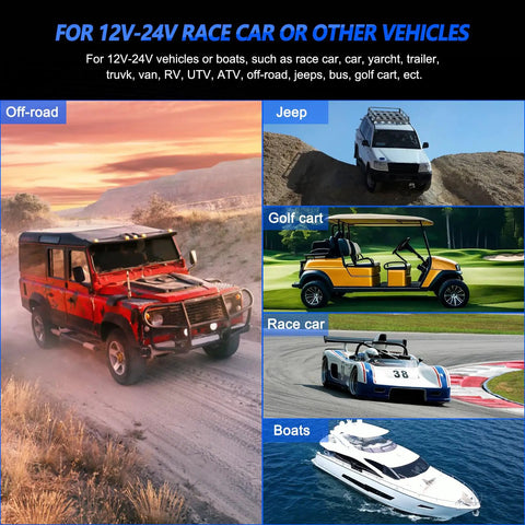 Various vehicles including off-road cars and boats compatible with 12V Racing Car Ignition Switch Panel 5 In 1 With Engine Start Button