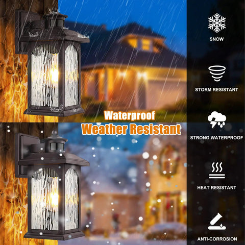 2 Pack Motion Sensor Outdoor Lights With Dusk To Dawn Sensor Oil Rubbed Bronze Waterproof Wall Sconces in rain and snow