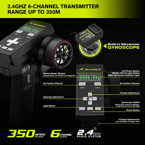 2.4GHz transmitter for All Terrain RC Monster Truck For Adults with built-in gyroscope, 6-channel control, 350m range
