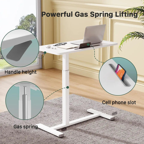 Mobile Standing Desk With Pneumatic Height Adjustment, Rolling Laptop Desk showing gas spring and cell phone slot, white