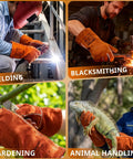 Heavy Duty 14 Inch Welding Gloves Heat Resistant Leather For Welding Fire Pit Campfire BBQ Grilling Oven Baking Mig Tig Stick Gear Gift For Dudes And Pros used in welding, blacksmithing, gardening, and animal handling.