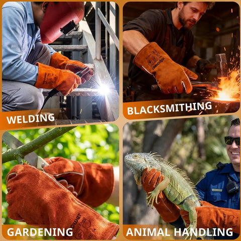 Heavy Duty 14 Inch Welding Gloves Heat Resistant Leather For Welding Fire Pit Campfire BBQ Grilling Oven Baking Mig Tig Stick Gear Gift For Dudes And Pros used in welding, blacksmithing, gardening, and animal handling.