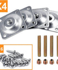 Top Shelf Sofa Leg Brackets 6 Pack Heavy Duty Iron Mounting Plates For Couch Height Risers No Sweat Quick Swap Sturdy furniture connector hardware kit with four iron plates and assorted screws.