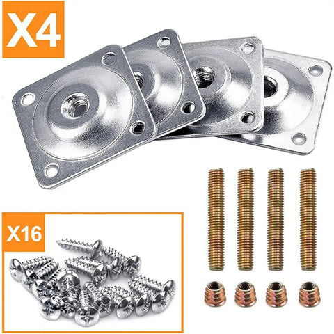 Top Shelf Sofa Leg Brackets 6 Pack Heavy Duty Iron Mounting Plates For Couch Height Risers No Sweat Quick Swap Sturdy furniture connector hardware kit with four iron plates and assorted screws.