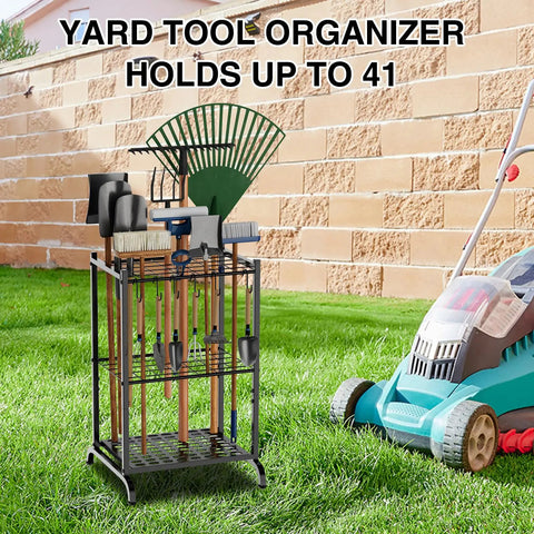 Garden Tool Organizer With 35 Slots And 6 Movable Hooks Heavy Duty Metal Tool Tower Rack in yard holding tools