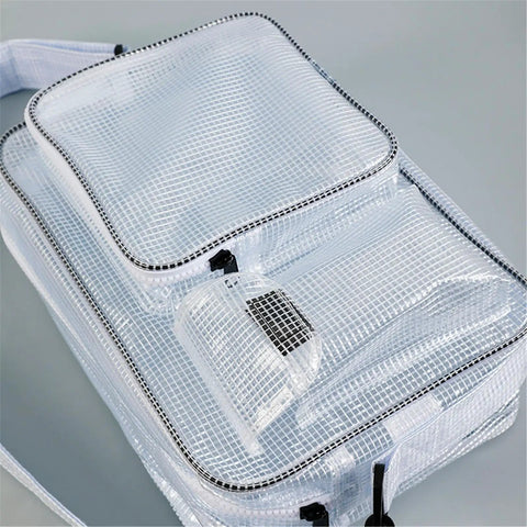 Clear PVC Crossbody Bag Super Spacious Storage For Tech Hustlers And Engineers with mesh surface and multiple pockets.