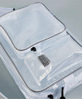 Solid Clear Crossbody Tool Bag For Cleanroom Engineers Slick Transparent Shoulder Pouch showing detailed zipped compartments.