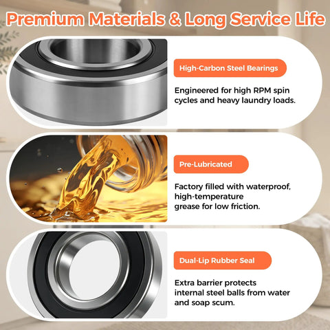 Heavy Hitter Washer Bearing And Seal Kit For Samsung Front Load Washers Replacement Dc62-00156a 6601-002637 6601-000148 showing high-carbon steel bearings and pre-lubricated grease.