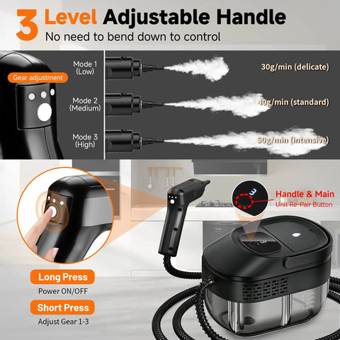Primiorix 1500W Pressurized Steam Cleaner In Black with 3 level adjustable handle for easy control of steam output.