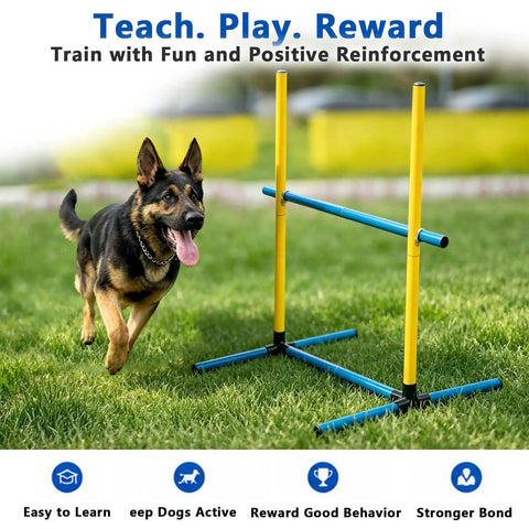 Two Pack Dog Agility Jump Set With Adjustable PVC Hurdles For Small And Medium Dogs featured in a grassy backyard setting.