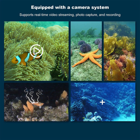 Underwater Camera Drone Boat With App Control capturing coral reef life including clownfish, starfish, and various underwater plants.