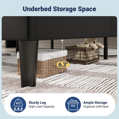 Underbed storage space of the Straight Up Comfortable Full Bed Frame With Built In Charging Station and Storage Shelf.