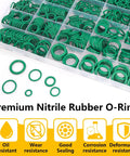 485 Piece Metric AC O Ring Kit For Automotive HVAC Systems Green O Rings Compatible With R12 And R134a Refrigerants Fits Car AC Compressor Condenser Hoses And Lines In Durable Clear Case, displayed with sections of green O-rings in various sizes.