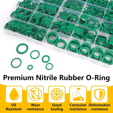485 Piece Metric AC O Ring Kit For Automotive HVAC Systems Green O Rings Compatible With R12 And R134a Refrigerants Fits Car AC Compressor Condenser Hoses And Lines In Durable Clear Case, displayed with sections of green O-rings in various sizes.