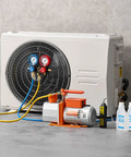 Pro Grade Heavy Duty AC Vacuum Pump And Gauge Kit With Leak Detector, Seven CFM Two Stage Rotary Vane HVAC Pump, Three Quarter HP, Compatible With R134a R22 R410a, Includes Carry Bag And Hose For Auto HVAC Air Conditioning Service, with AC unit
