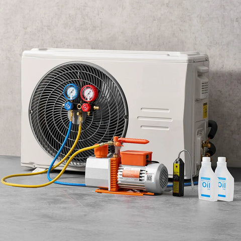Pro Grade Heavy Duty AC Vacuum Pump And Gauge Kit With Leak Detector, Seven CFM Two Stage Rotary Vane HVAC Pump, Three Quarter HP, Compatible With R134a R22 R410a, Includes Carry Bag And Hose For Auto HVAC Air Conditioning Service, with AC unit