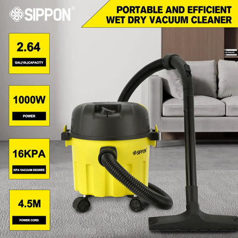 3 In 1 Wet Dry Vacuum Cleaner With 2 Peak HP Suction Portable Shop Vacuum for garage, yellow vacuum displayed indoors