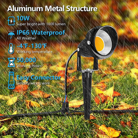 Aluminum 10W Low Voltage LED Landscape Light with easy connector in rain, 12V 24V Waterproof Outdoor Spotlights 1000LM Warm White 3000K