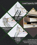 Two 12 Inch Soft Close Full Extension Drawer Slides with 100 Pound Load Capacity featuring measurements and installation example