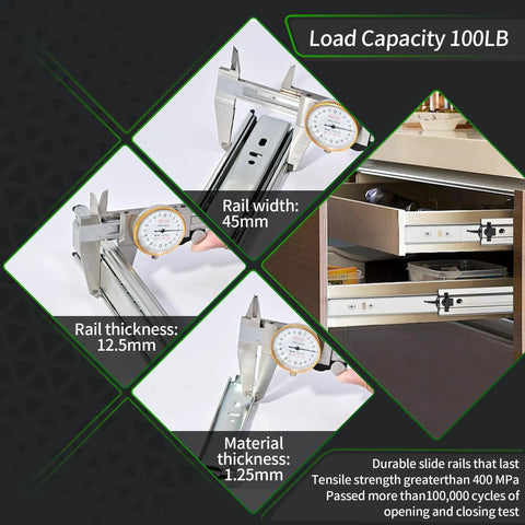 Two 12 Inch Soft Close Full Extension Drawer Slides with 100 Pound Load Capacity featuring measurements and installation example