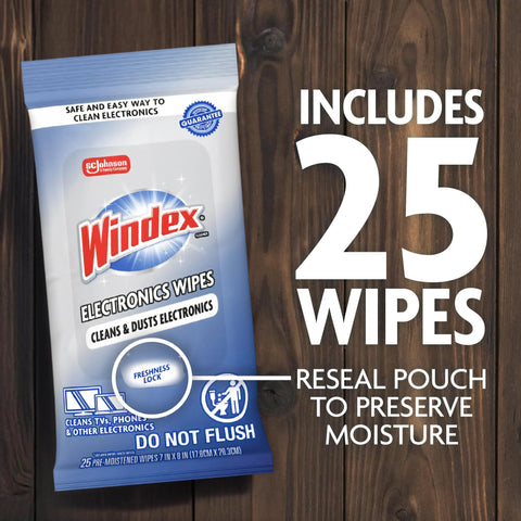 Electronic Cleaning Wipes for Screens and Gadgets, Pre-Moistened, Resealable Pack, 25 Count, displayed against wooden table.
