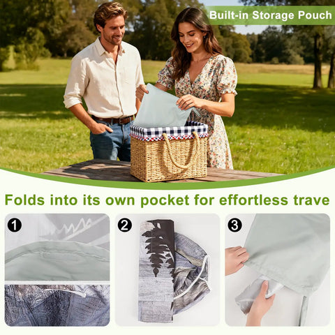 Picnic Table Cover With Bench Covers Built In Storage Bag No Mess Spill Proof Waterproof Fitted Tablecloth With Elastic Edges Heavy Duty Durable Fabric Windproof 72 Inch By 30 Inch Tables For Outdoor RV Patio shown folded and stored.