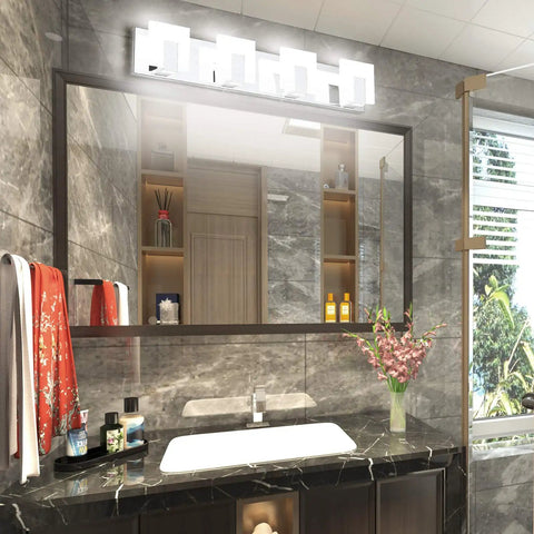 Four Light Modern LED Vanity Light For Bathroom With Up And Down Frosted White Acrylic Chrome Wall Mount Over Mirror 6000K White Daylight Glow Sconce