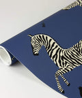 Blue Denim Zebra Safari Peel And Stick Wallpaper roll with zebra design, self adhesive wall covering for accent walls.