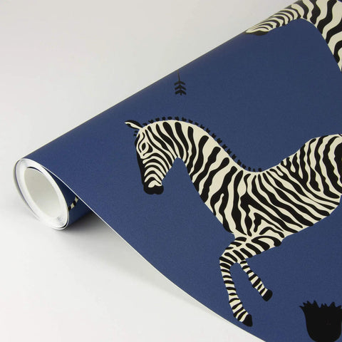 Blue Denim Zebra Safari Peel And Stick Wallpaper roll with zebra design, self adhesive wall covering for accent walls.