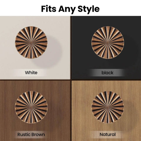 Antique Brass Cabinet Knobs Set 1.4 Inch displayed on white, black, rustic brown, and natural surfaces showing versatility