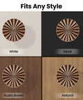 Eight Pack 1.4 Inch Antique Brass Cabinet Knobs With Three Mounting Screw Sizes displayed on multiple wood finishes