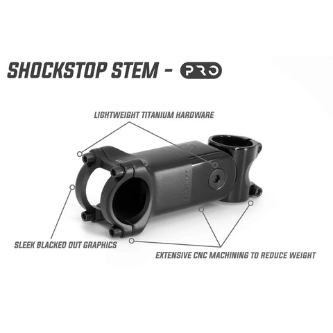 ShockStop PRO Suspension Stem for Bikes, blacked out graphics, titanium hardware, CNC machined, 90mm length, 6° angle.