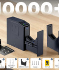 Grab That Biometric Slider Safe With Four Fast Unlocks, Wall Mountable Vault For Nightstand, Desk, Or Daily Ride, Rock Solid Home Defense Lock Box Keeping Your Valuables Locked Down Tight on a wooden surface with accessories.