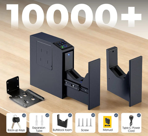 Grab That Biometric Slider Safe With Four Fast Unlocks, Wall Mountable Vault For Nightstand, Desk, Or Daily Ride, Rock Solid Home Defense Lock Box Keeping Your Valuables Locked Down Tight on a wooden surface with accessories.