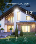 Modern house illuminated by 150W LED flood light with 5000 lumen output and 120-degree beam angle, highlighting its exterior design.