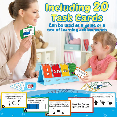 Mother and child using Fraction Circles and Decimal Flip Chart Kit for Kids with task cards, showing math manipulatives.
