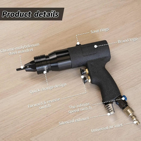 Adjustable Speed Pneumatic Rivet Nut Gun Kit With Five Mandrels Heavy Duty Air Riveting Tool shown with labeled features