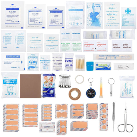 330-piece first aid kit contents collage; compact, waterproof medical supplies including bandages, wipes, scissors, and tweezers.