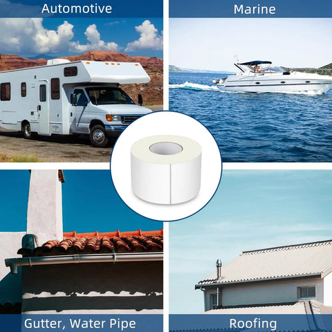 RV Roof Sealant Tape 4 Inch By 50 Foot Waterproof UV Resistant Sealant Tape For RV Repair Window Boat Sealing And Camper Truck Roof Leaks 2 Pack That Sticks Tight And Keeps Water Out displayed with automotive and marine vehicles, gutters, and roofing applications.