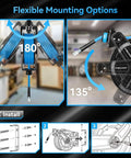 Built Tough 65 Feet 3 Eighths Inch Hybrid Air Hose Reel with Auto Rewind, showing 180 degree swivel ceiling or wall mount