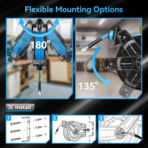 Built Tough 65 Feet 3 Eighths Inch Hybrid Air Hose Reel with Auto Rewind, showing 180 degree swivel ceiling or wall mount