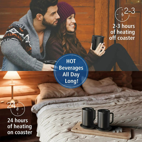 Couple enjoying Premium Self Heating Rechargeable Coffee Mug With Precise Temperature Control And A Leak Proof Lid on a cozy bed.