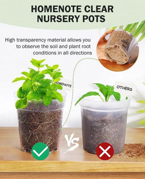 See Through Seed Starter Pots 30 Pack Clear 3 To 5 Inch Plant Pots With Drainage Holes Raised Base Durable Plastic Nursery Containers For Seed Starting And Healthy Roots Includes 20 Labels, showing root visibility and plant growth comparison.