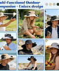 Collage showcasing Wide Brim Solar Fan Sun Hat For Men And Women, UPF 50 Plus UV Protection, Bucket Style in various outdoor activities.