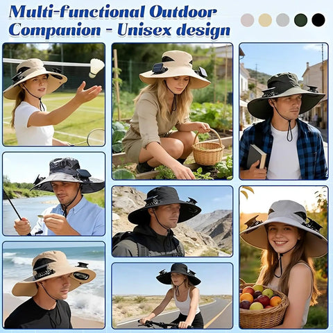 Collage showcasing Wide Brim Solar Fan Sun Hat For Men And Women, UPF 50 Plus UV Protection, Bucket Style in various outdoor activities.