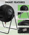 Heavy Duty 35 Gallon Tumbling Compost Bin With Easy Drain Plug For Liquid Collection Rotating Outdoor Garden Waste Container Built To Last UV Protected Blue, shown on metal frame outdoors with smart features.